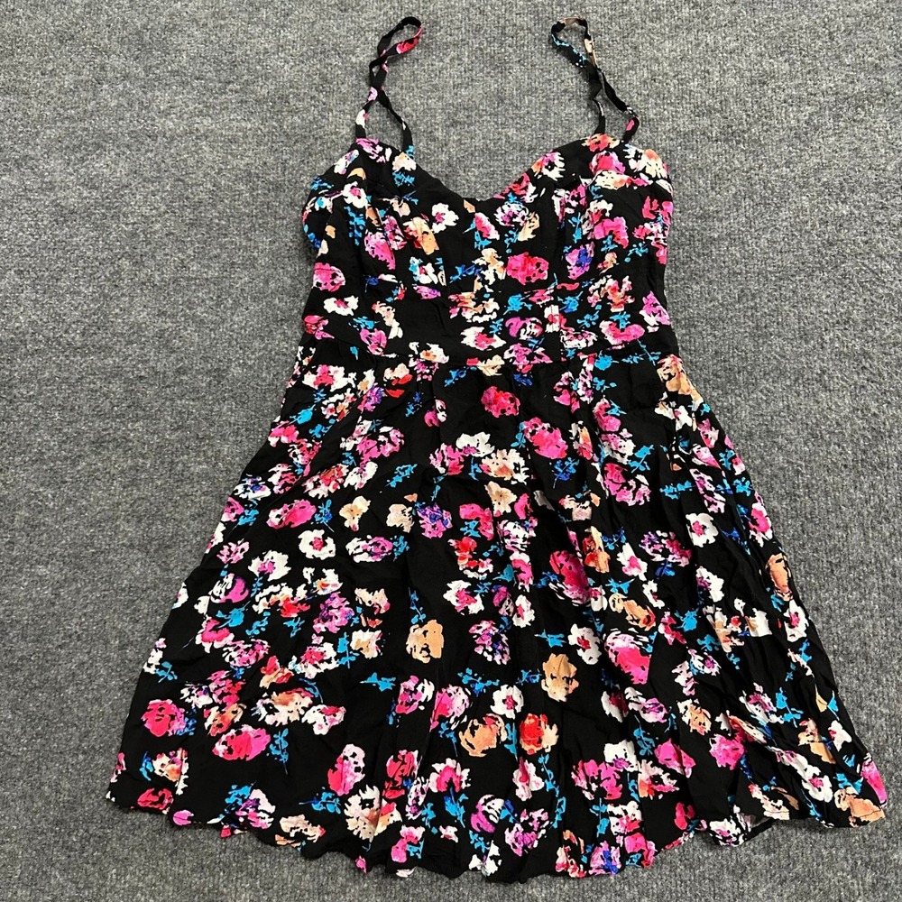 Express Dress Womens Size S Black Floral Rayon Fit Flare Mini Smocked Sundress